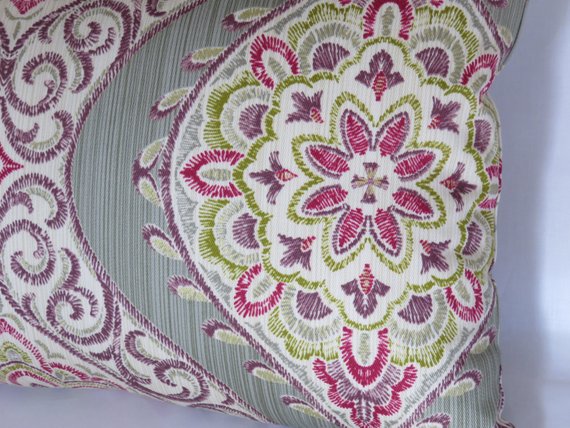 sage green ogee medallion pillow with purple, fuchsia, and metallic gold