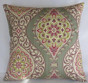 sage green ogee medallion pillow with purple, fuchsia, and metallic gold