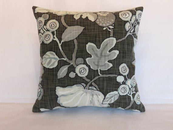 p. kaufmann hip charcoal pillow grey and pale blue morning glories