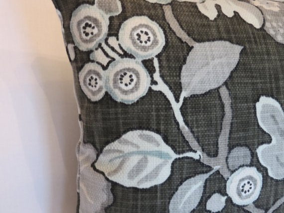 p. kaufmann hip charcoal pillow grey and pale blue morning glories