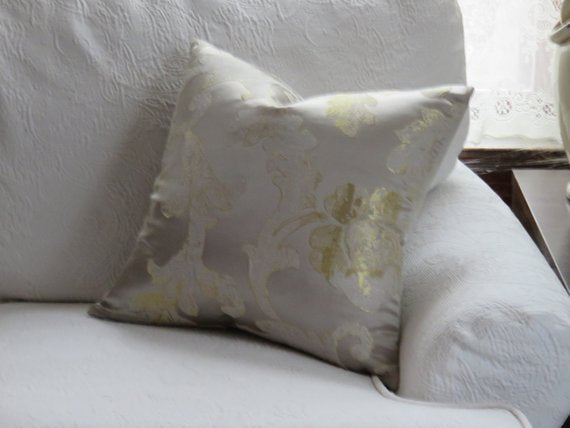 silver and gold satin brocade pillow floral and scrolls