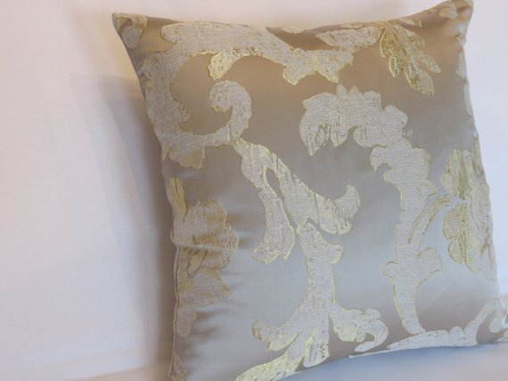 silver and gold satin brocade pillow floral and scrolls