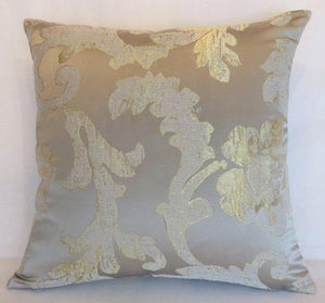 silver and gold satin brocade pillow floral and scrolls