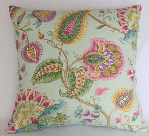 colorful indienne floral pillow on pale blue