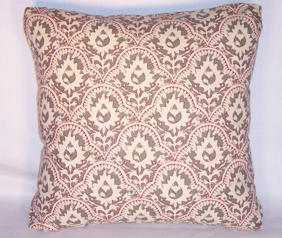 grey red hand print pillow