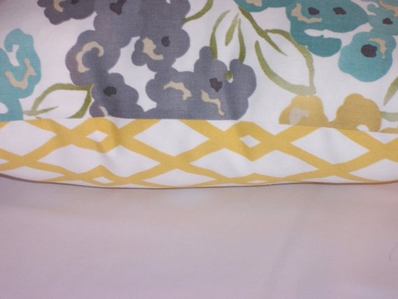 Aqua Gold Grey Pillow Cover Reversible Floral and Lattice