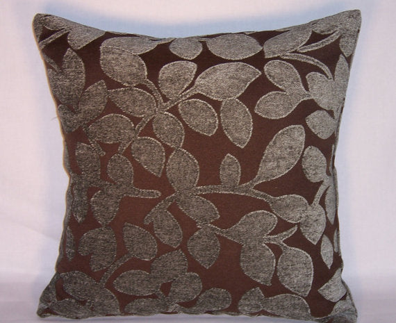 chenille leave pillow in blue-grey and brown