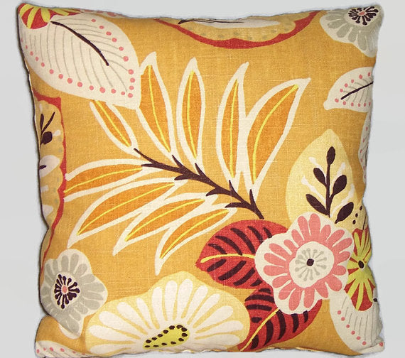Gold linen floral pillow cover