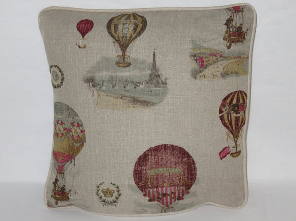 Hot air balloon pillow cover, vintage look print on linen
