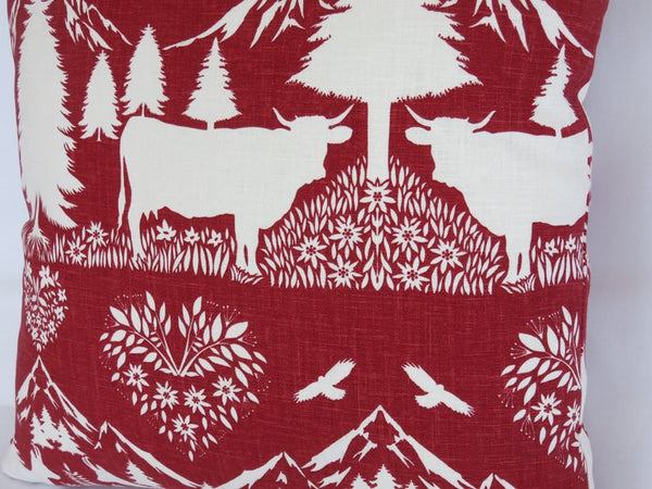 cranberry red and white pillow cover with animals - cows, beavers