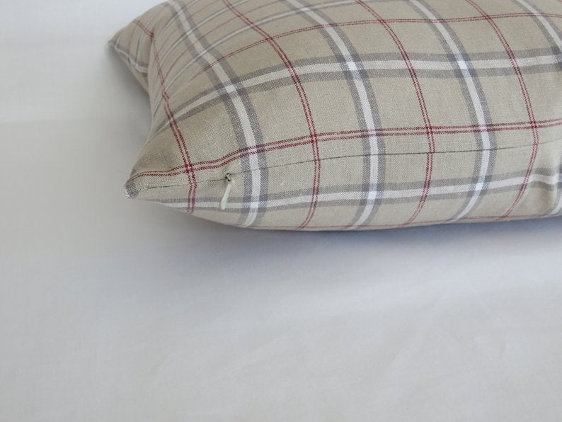 classic tan plaid pillow with red, cream, grey