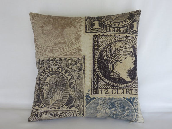 Indigo Stamp Pillow Cover, Philatelist, Collector Gift