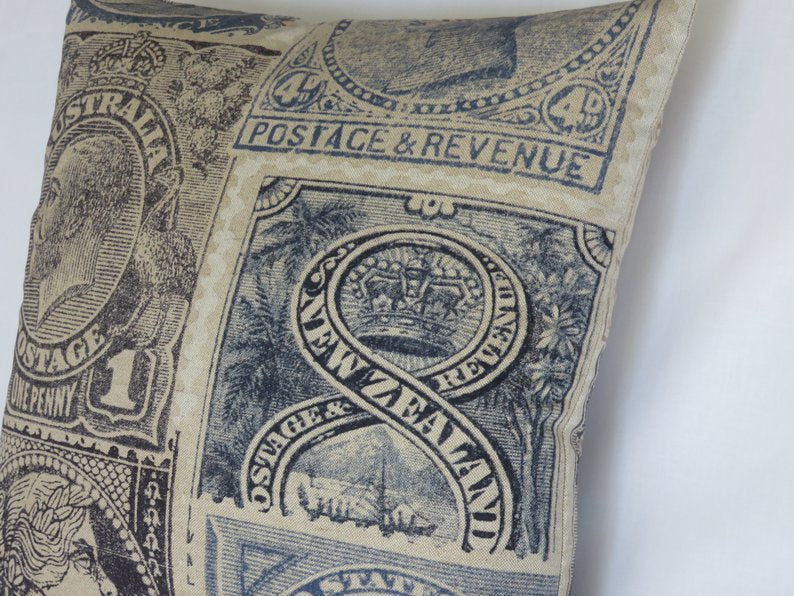 Indigo Stamp Pillow Cover, Philatelist, Collector Gift