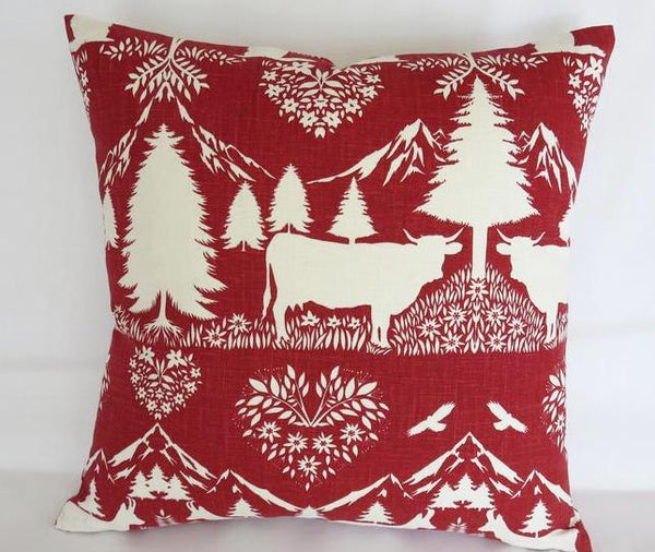 cranberry red and white pillow cover with animals - cows, beavers