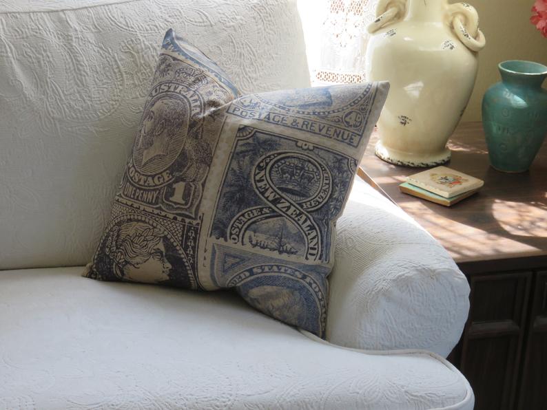 Indigo Stamp Pillow Cover, Philatelist, Collector Gift