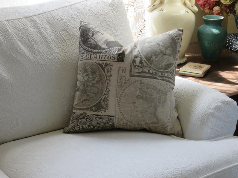 Grey Stamp Pillow Cover, Philatelist, Collector Gift