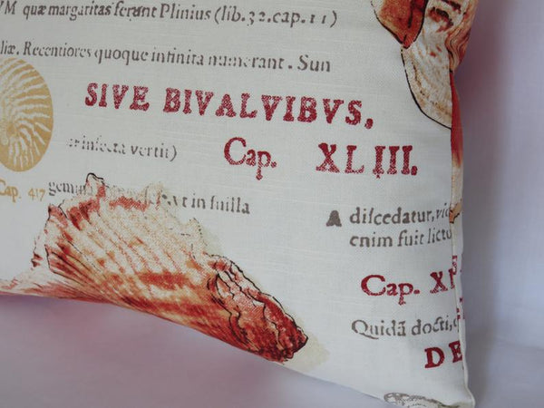 orange seashell and Latin script pillow cover