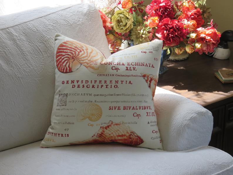 orange seashell and Latin script pillow cover