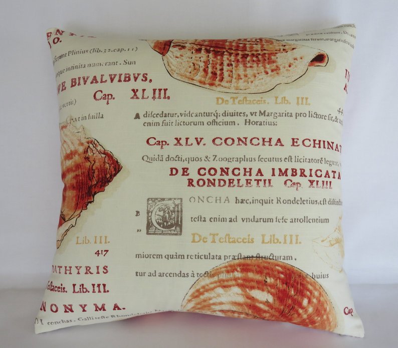 orange seashell and Latin script pillow cover