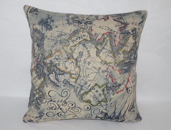Indigo map print pillow cover, Vintage  nautical globe