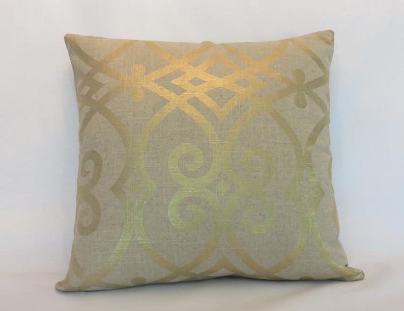 Tan Linen Pillow Cover with Metallic Gold, Jaclyn Smith Fabric Gates