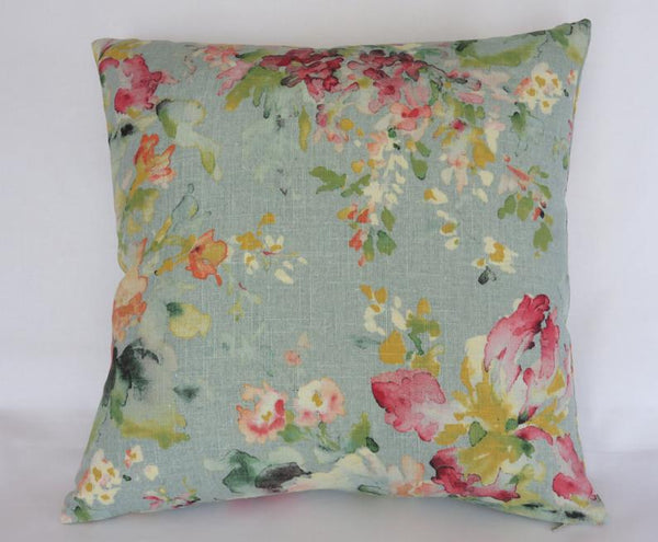 aqua floral pillow cover of Covington Macbeth Eggshell Blue