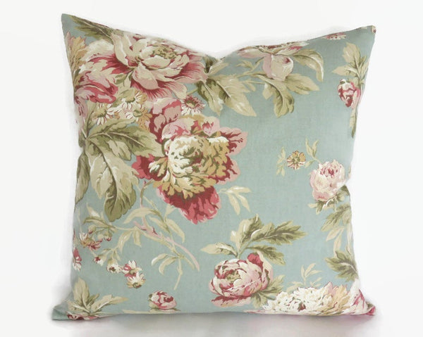 Blue and Pink Floral Pillow Cover, Waverly Fleuretta in Mist
