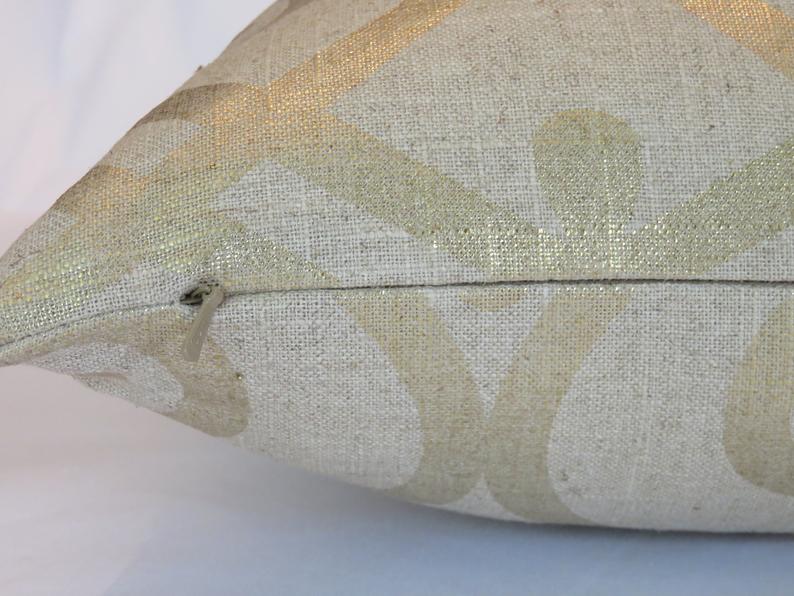 Tan Linen Pillow Cover with Metallic Gold, Jaclyn Smith Fabric Gates