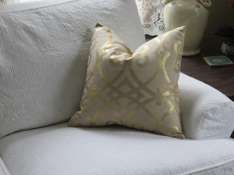 Tan Linen Pillow Cover with Metallic Gold, Jaclyn Smith Fabric Gates