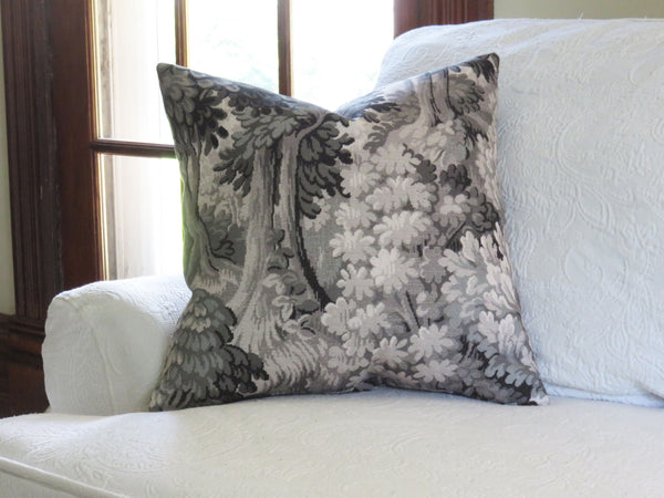 grey toned forest pillow cover, faded tapestry print