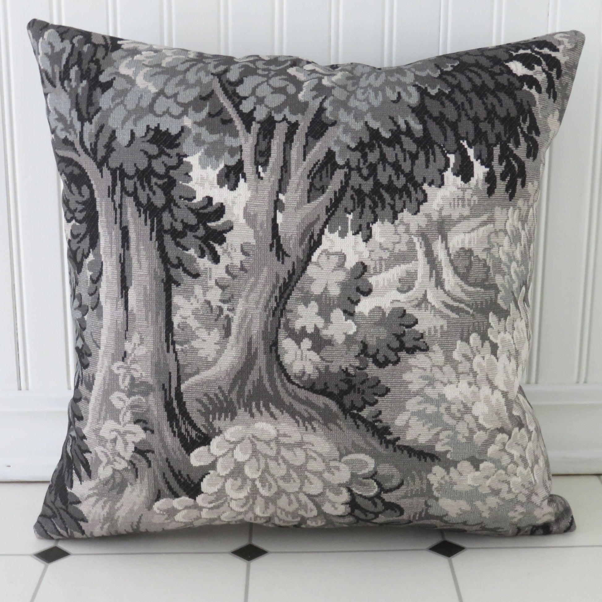 grey toned forest pillow cover, faded tapestry print