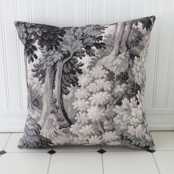 grey toned forest pillow cover, faded tapestry print
