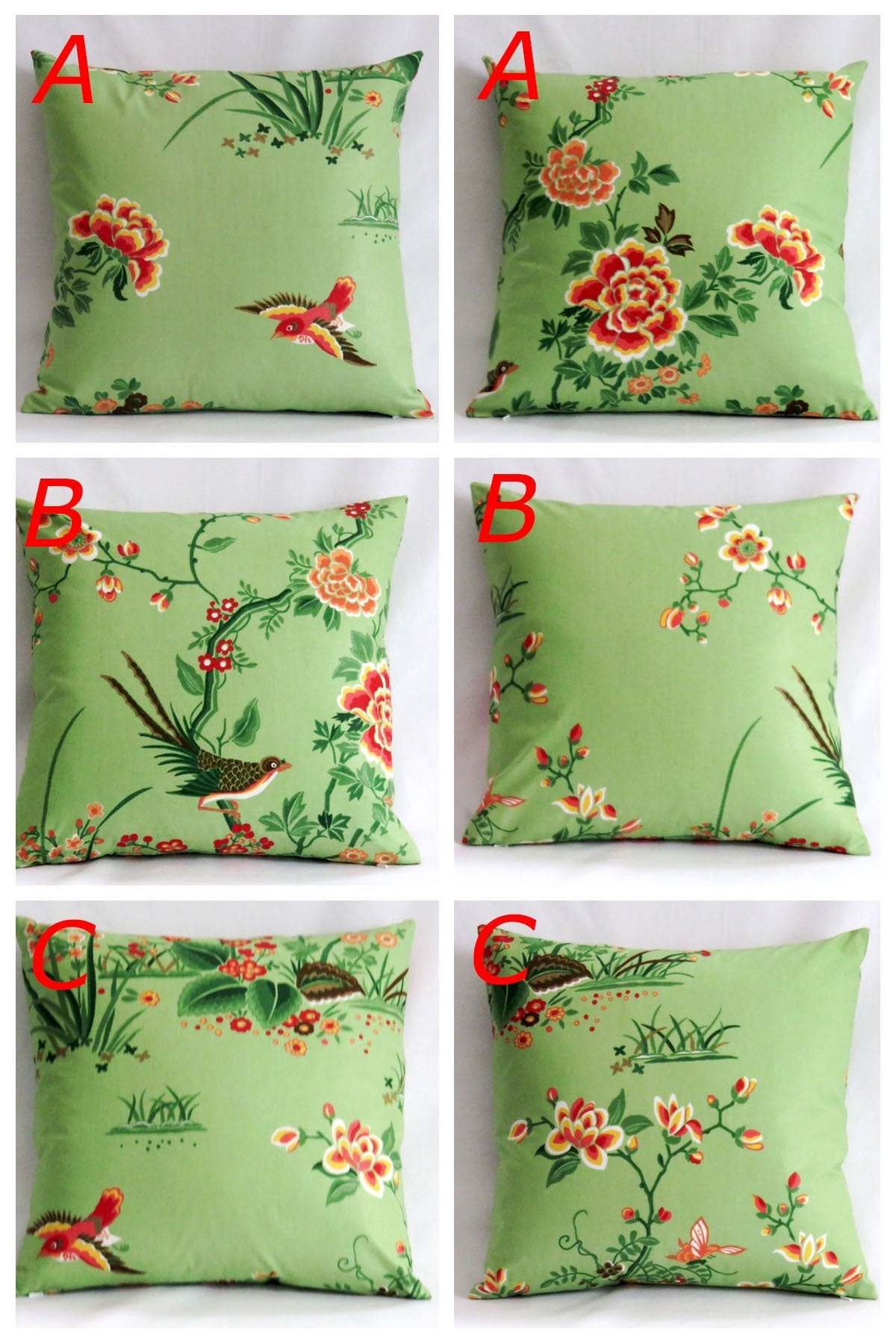 jade green asian pillow cover with birds & flowers