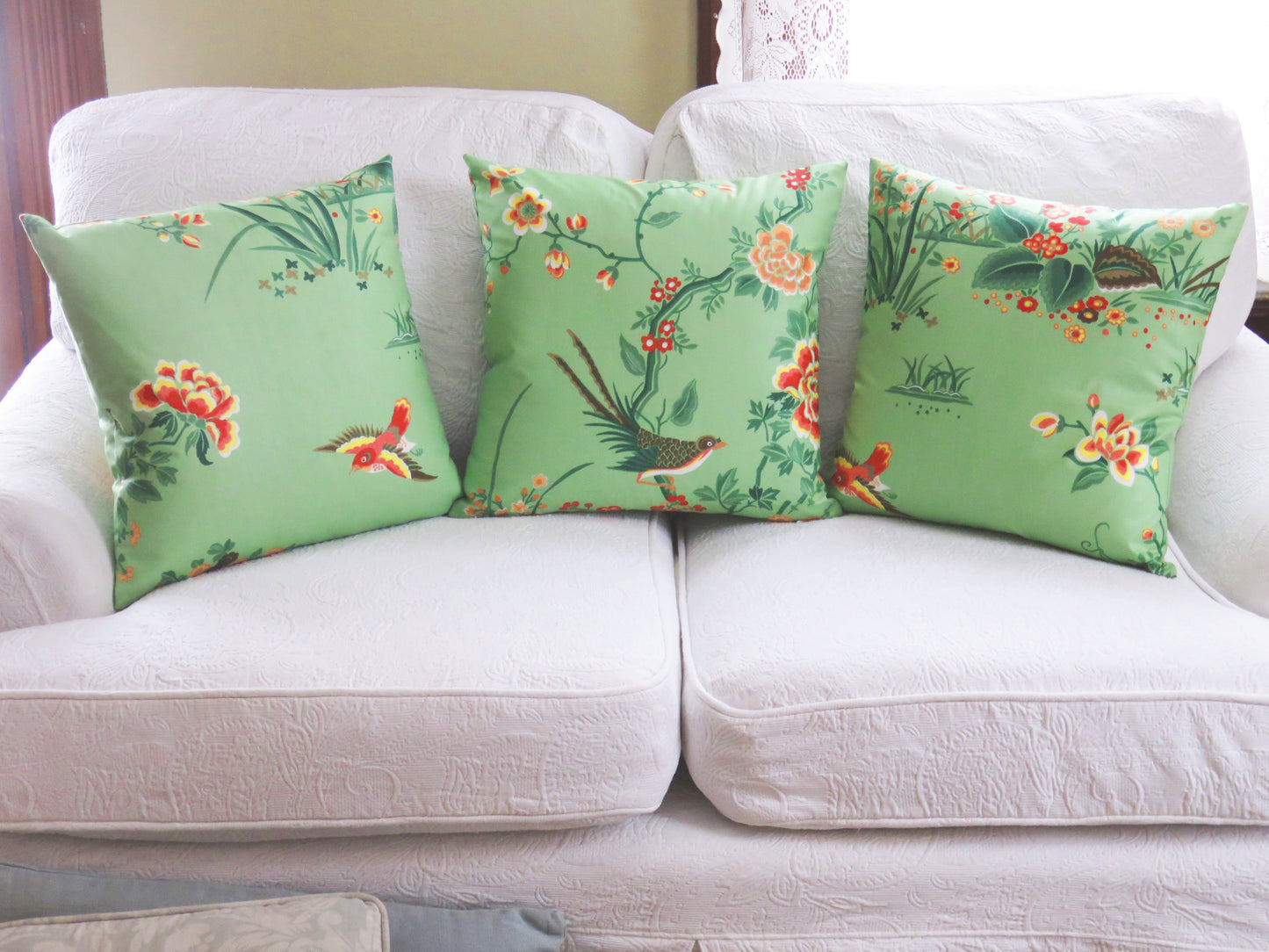 jade green asian pillow cover with birds & flowers