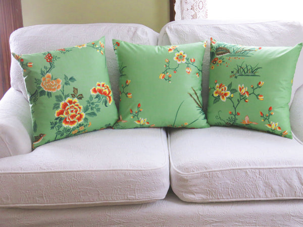 jade green asian pillow cover with birds & flowers