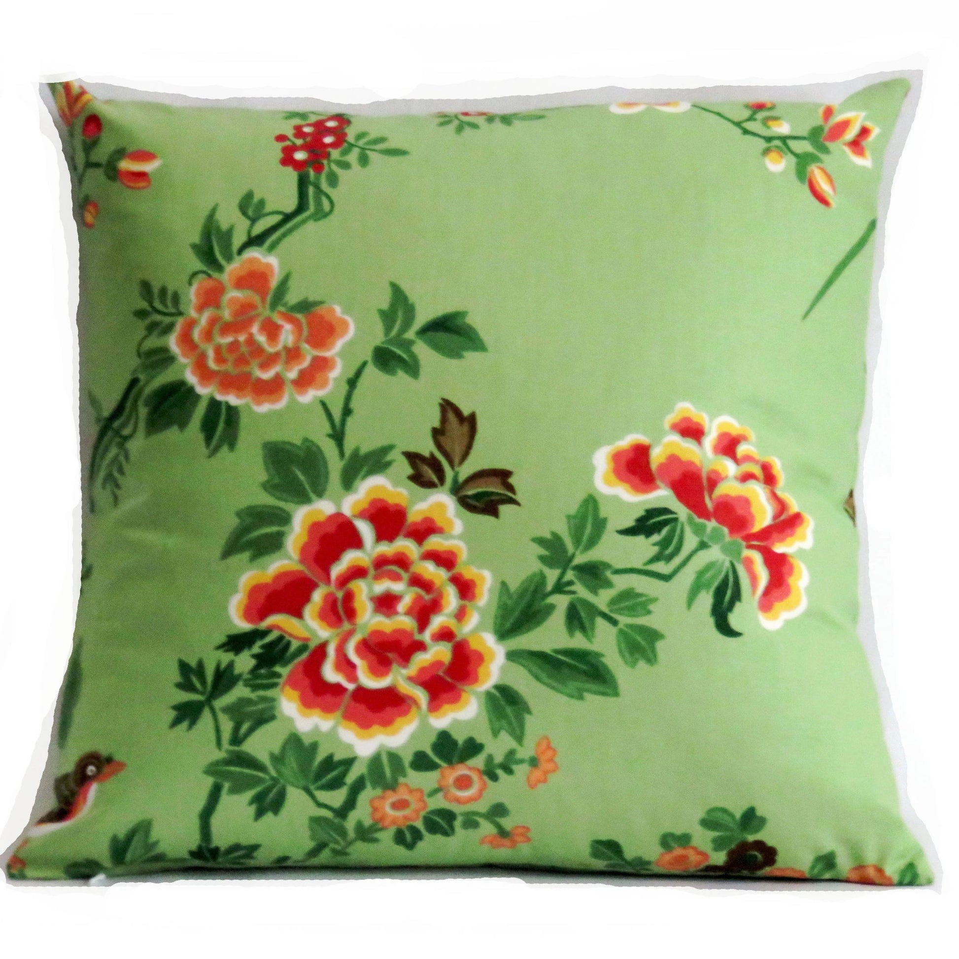 jade green asian pillow cover with birds & flowers