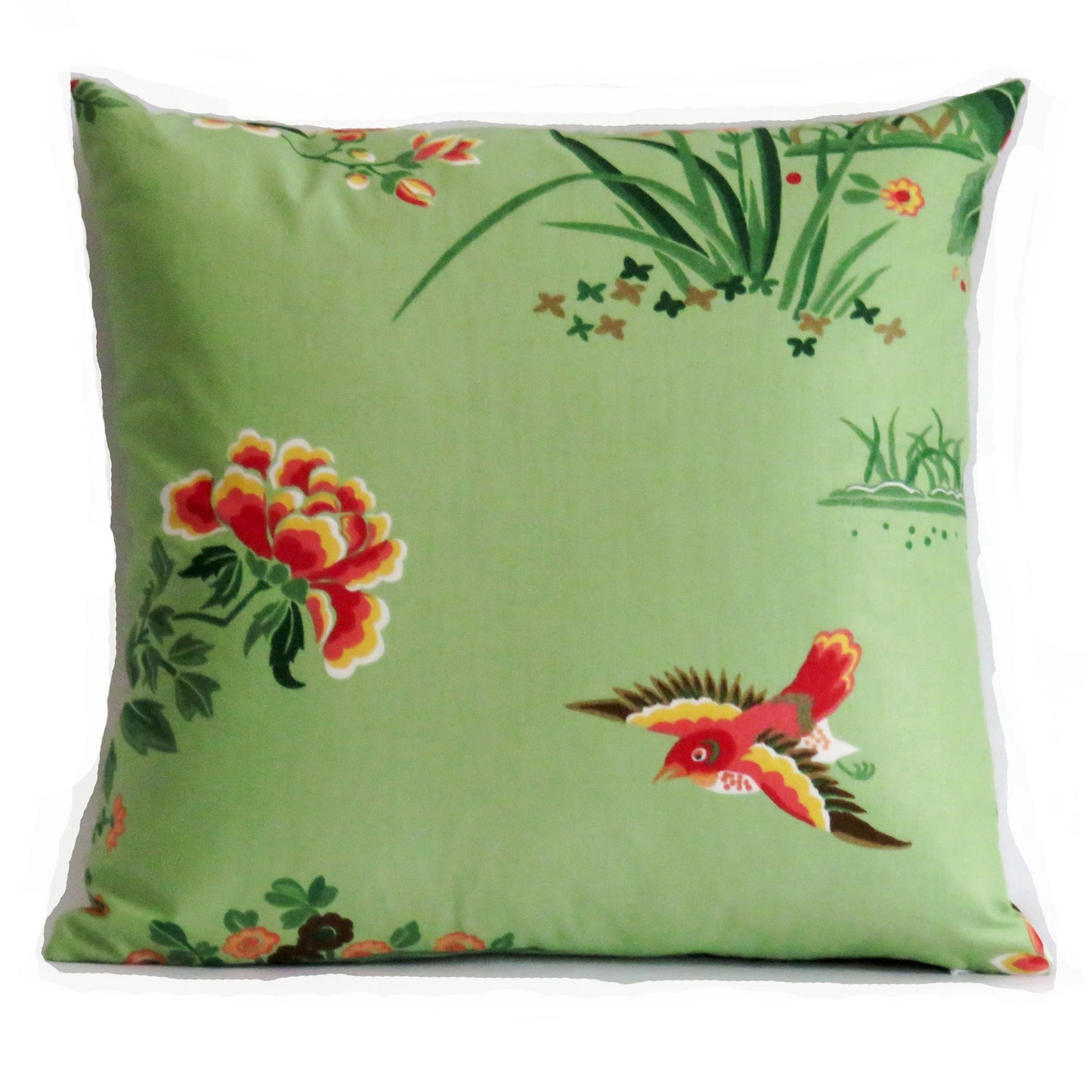 jade green asian pillow cover with birds & flowers