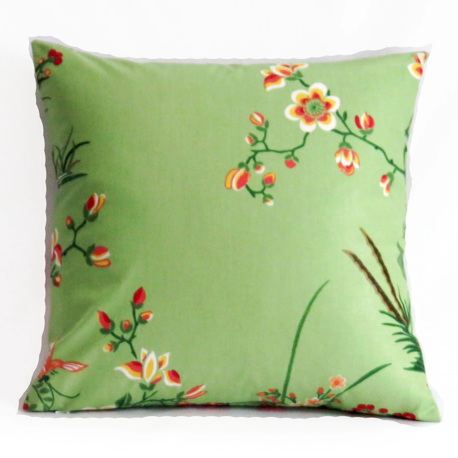 jade green asian pillow cover with birds & flowers