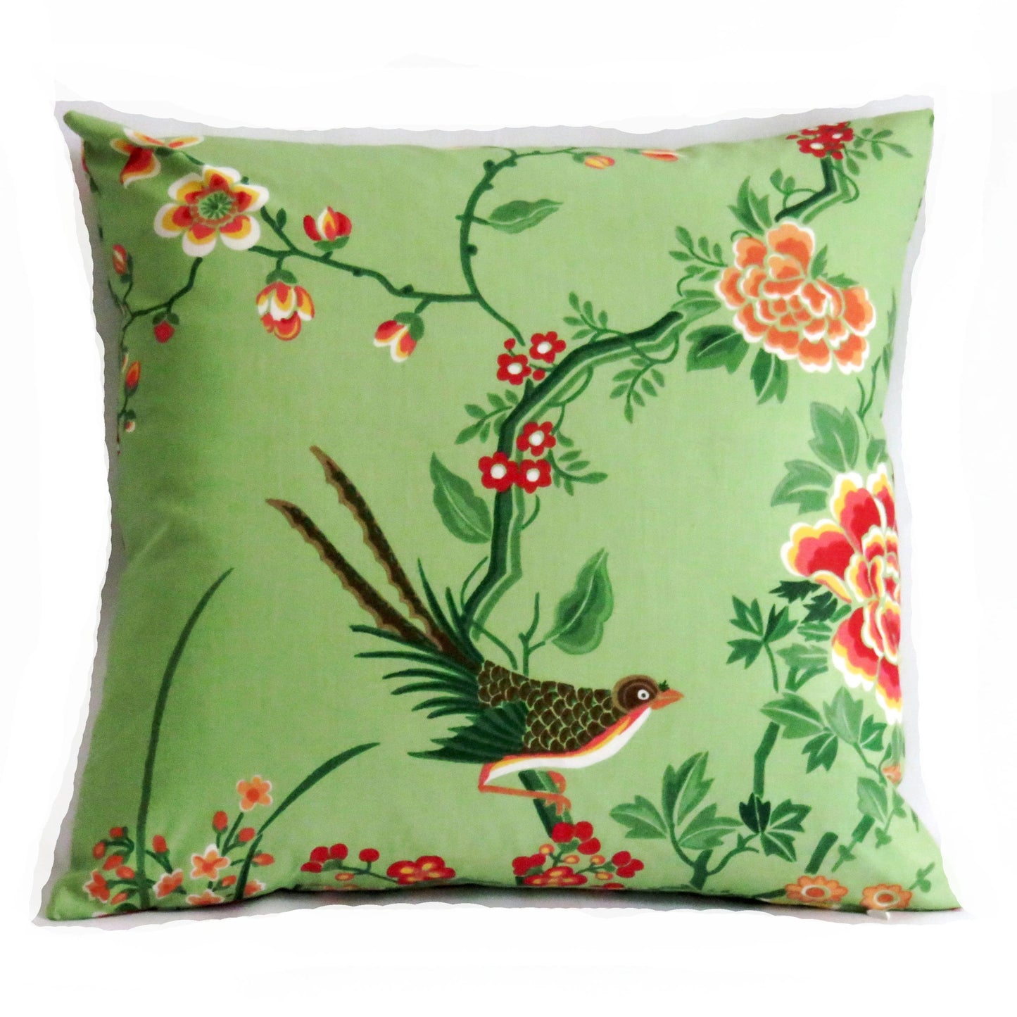 jade green asian pillow cover with birds & flowers