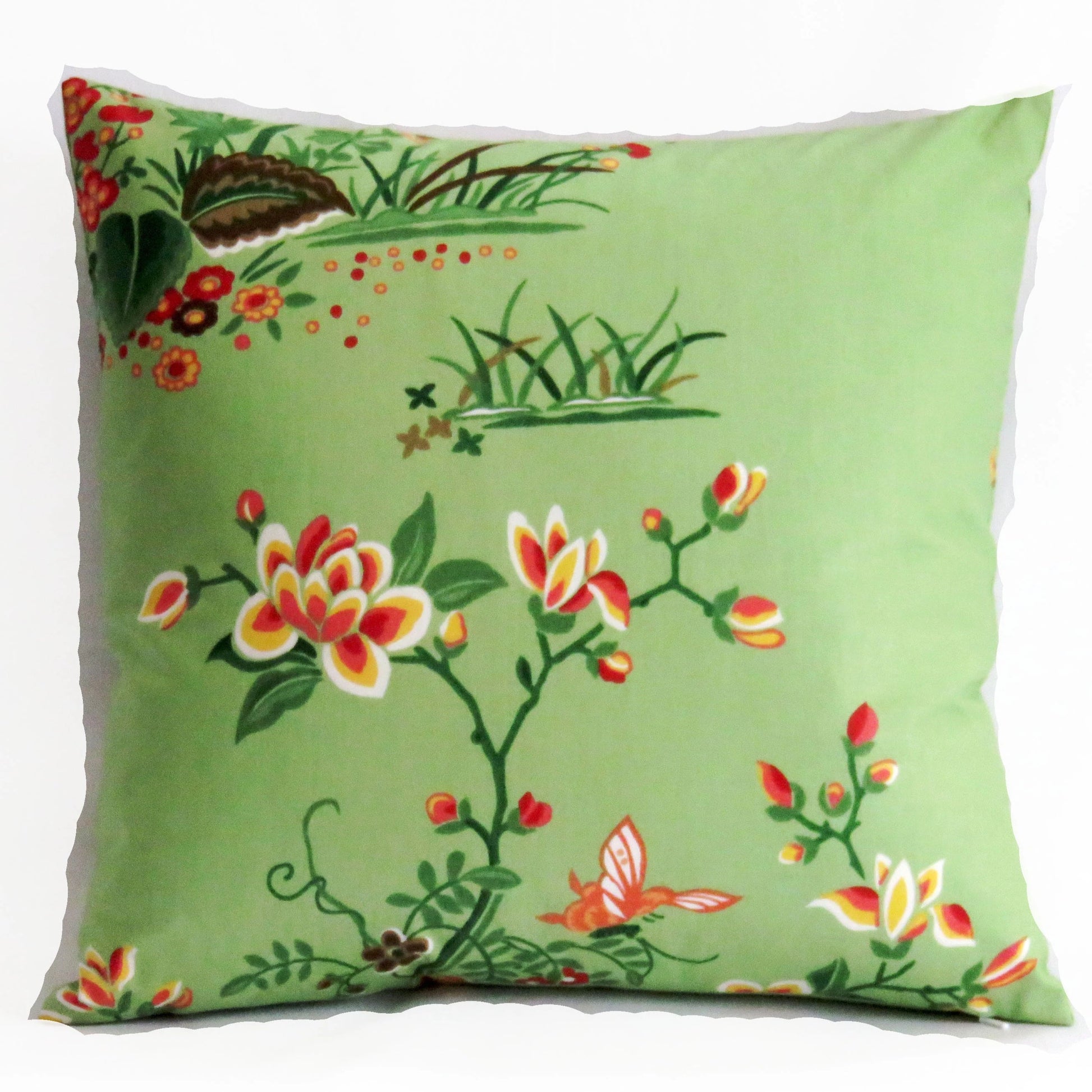 jade green asian pillow cover with birds & flowers