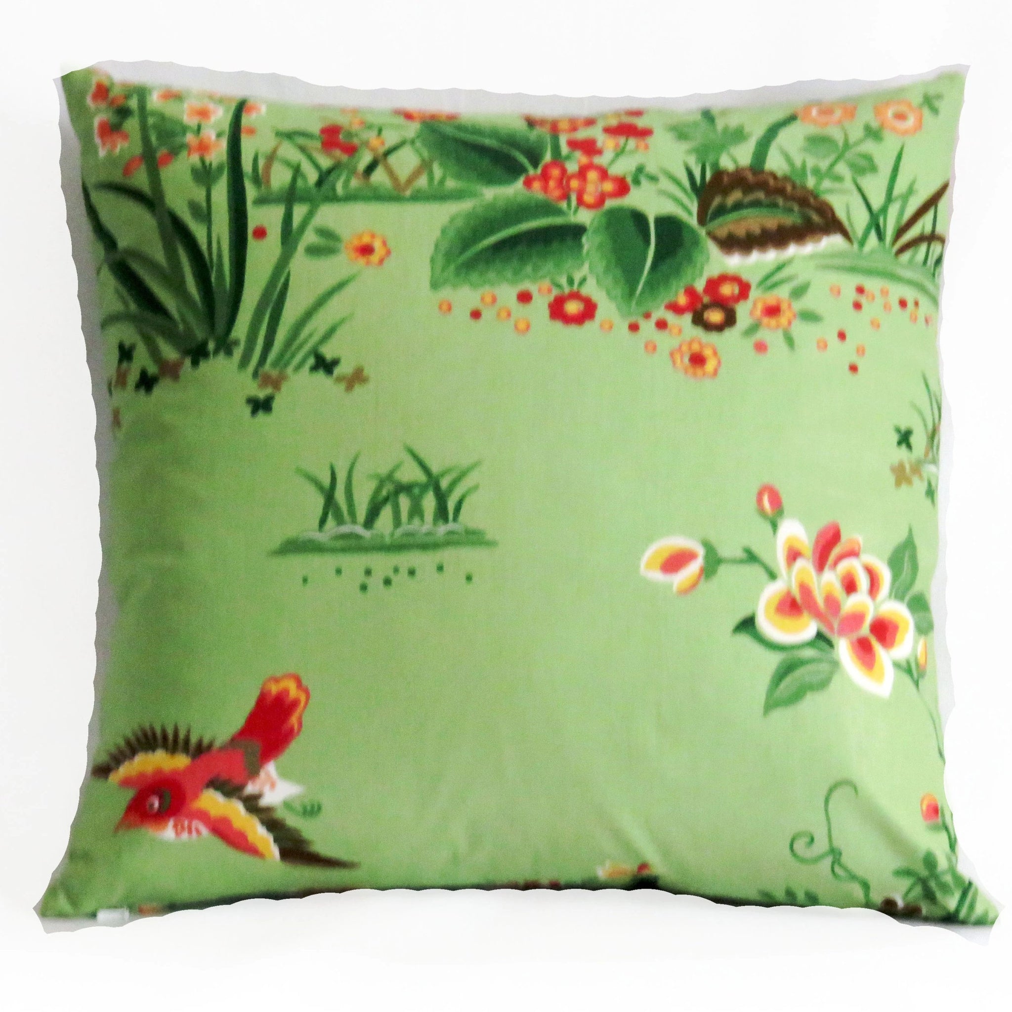 jade green asian pillow cover with birds & flowers