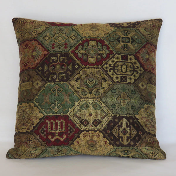 kilim brocade pillow cover in green red and gold