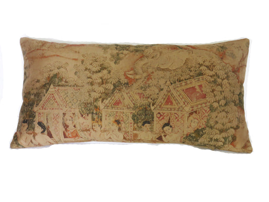 Thai Pictorial Pillow Cover - Jim Thompson Fabric,  Jim's Dream in Gold, 10x20" Elephant (H)