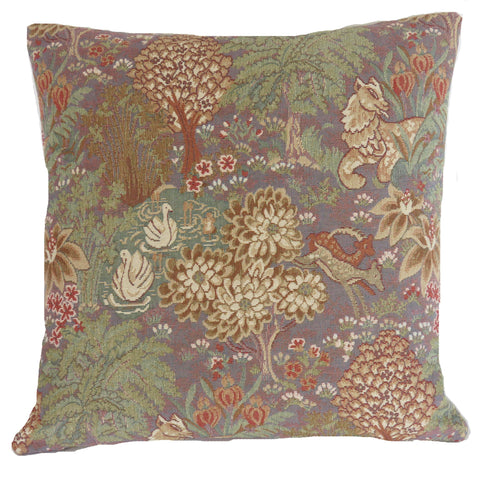 medieval garden tapestry pillow cover with animals and trees in shades of purple, green, and rust