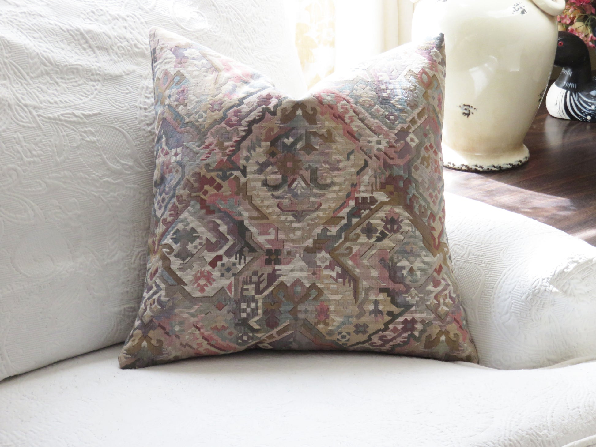 pastel kilim motif pillow cover in pink, cream, teal, purple