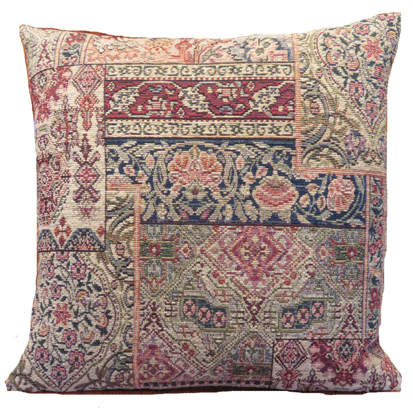 carpet style tapestry chenille  pillow cover in tan, green, red,  peach, navy blue