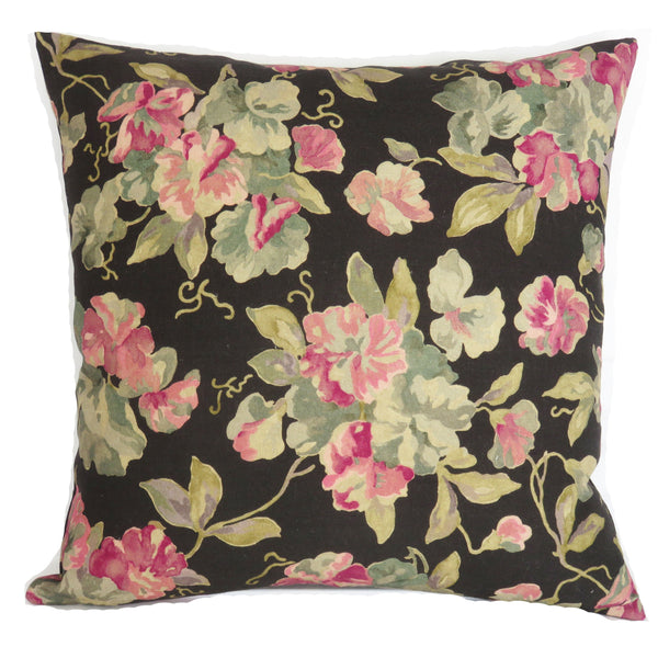 Pink geraniums on black linen pillow cover