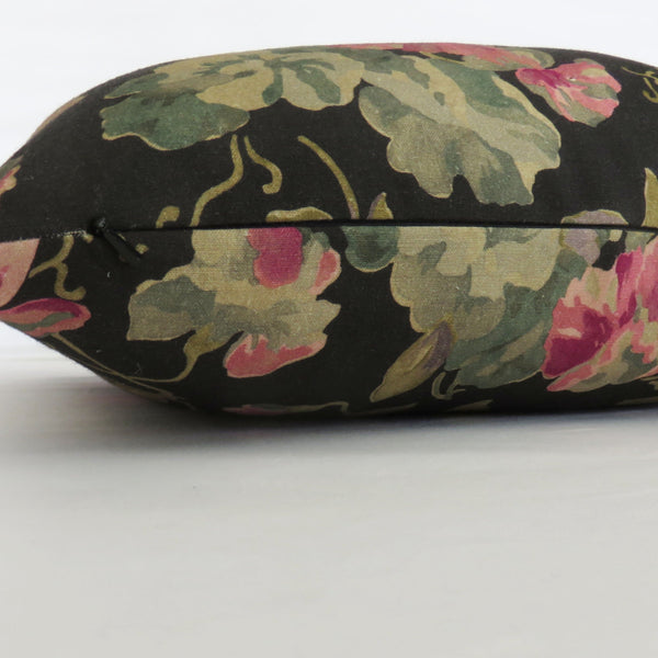Pink geraniums on black linen pillow cover
