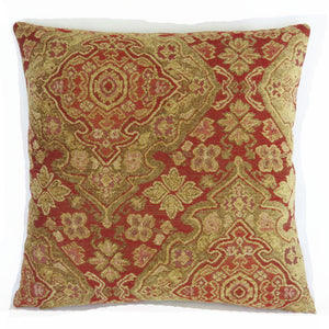 Tomato red and gold pillow cover medallion chenille tapestry