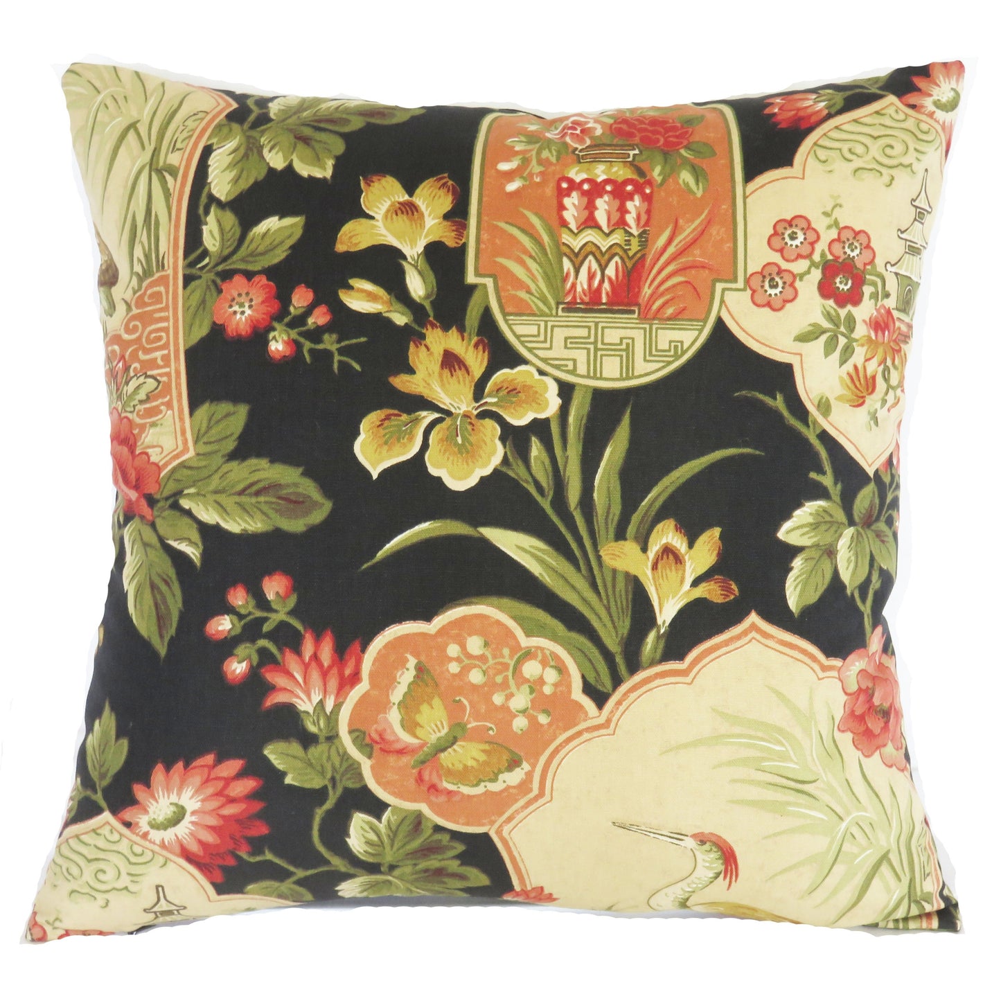 black coral green japanese crane pillow cover